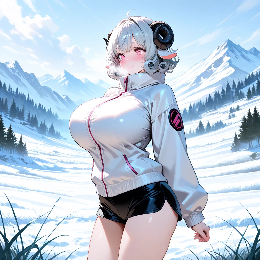 1girl, solo, <lora:neve-nikke-richy-v1:1> eve, animal hood, bodysuit, fur trim, wide sleeves, gloves, jacket, navel, headphones around neck, outdoors, snow, snowing, winter,cave, blush,shy,