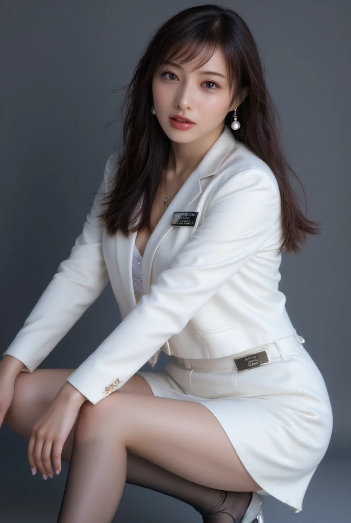 South Korean k pop actress in thick curved thighs in white short tight blazer and white tight half thighs miniskirt,at outdor,thick body posing ideas,bigg bulging muscular thighs.