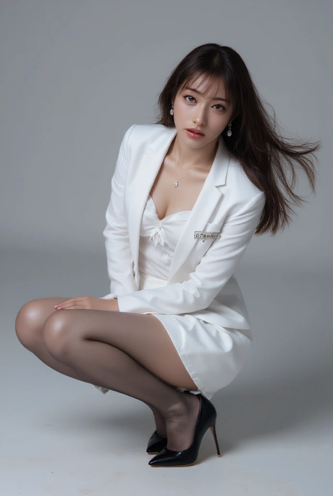 a close up of a person sitting on a chair with a white jacket, in white clothes, ivory pale skin, wearing white suit, pale fair skin!!, bae suzy, milky white skin, korean women's fashion model, pale skin!, white clothes, smooth white tight clothes suit, pale woman, white outfit, wearing white clothes, white silky outfit, masterpiece, 8k, cleavage, big boobs, bust detail, hair detail, eye detail