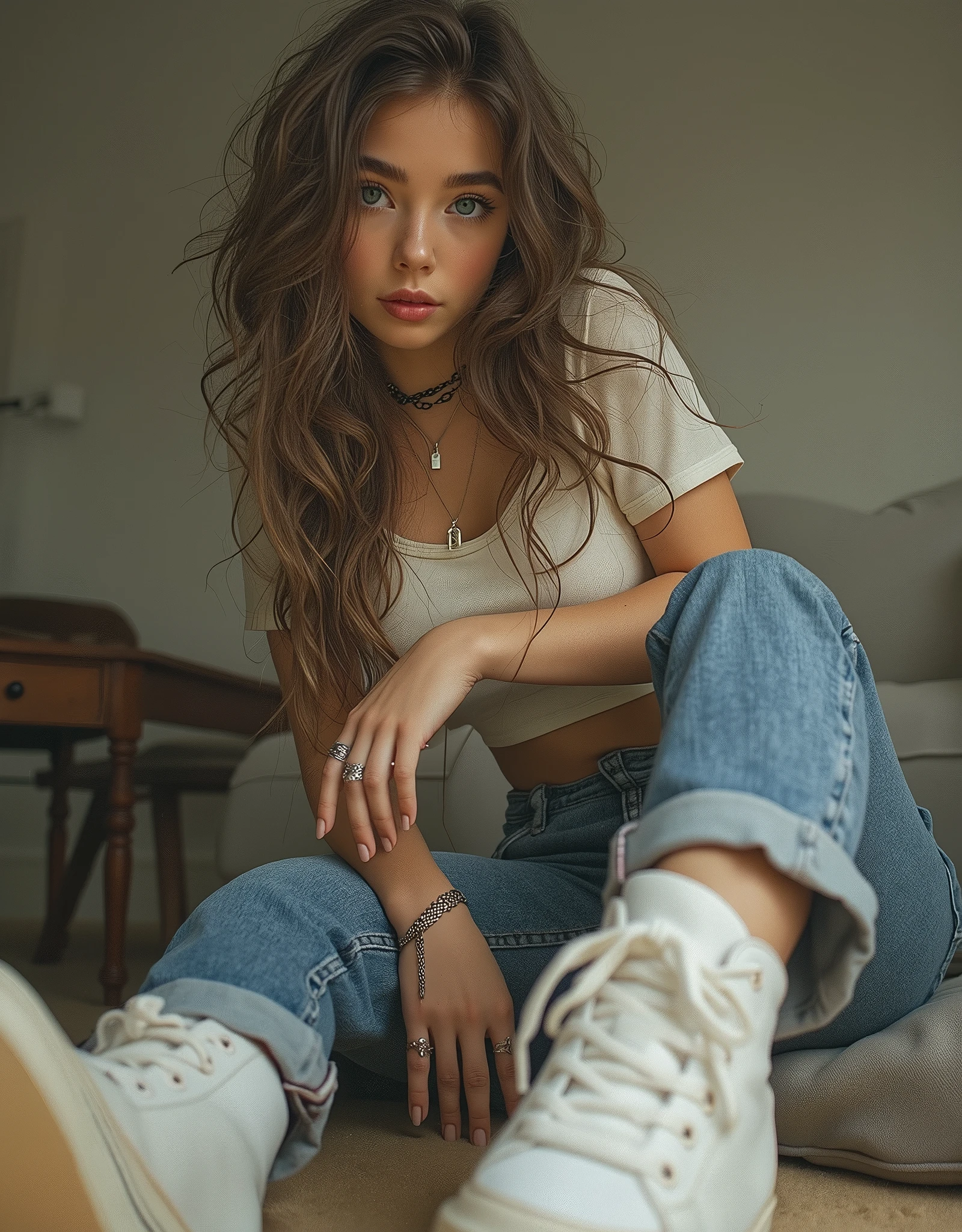 score_9, picture of 1girl, girl, full body visible, young, posing, dominant, young goddess, seductive posing,standing, adorable, thin, skinny, Long hair, fit, long legs, bright blue eyes, ((small skinny waist)), cute, feminine, (skintight cropped white t-shirt), wearing tight jeans, (jeans), in a neutral room, natural skin, (freckles), freckled face, thick eyebrows, black eyeliner and long lashes, wearing makup, wearing silver rings, wearing silver necklace, german:1, stern, looking down on you, domineering expression, impatient,good lighting, long intricate hair, focus on sneakers, cinemative light, shadows, slim skinny body, petite body, round face, youthful face, candid, perfect eyes, Reddit, amateur, real life photo, full body shot, low camera angle