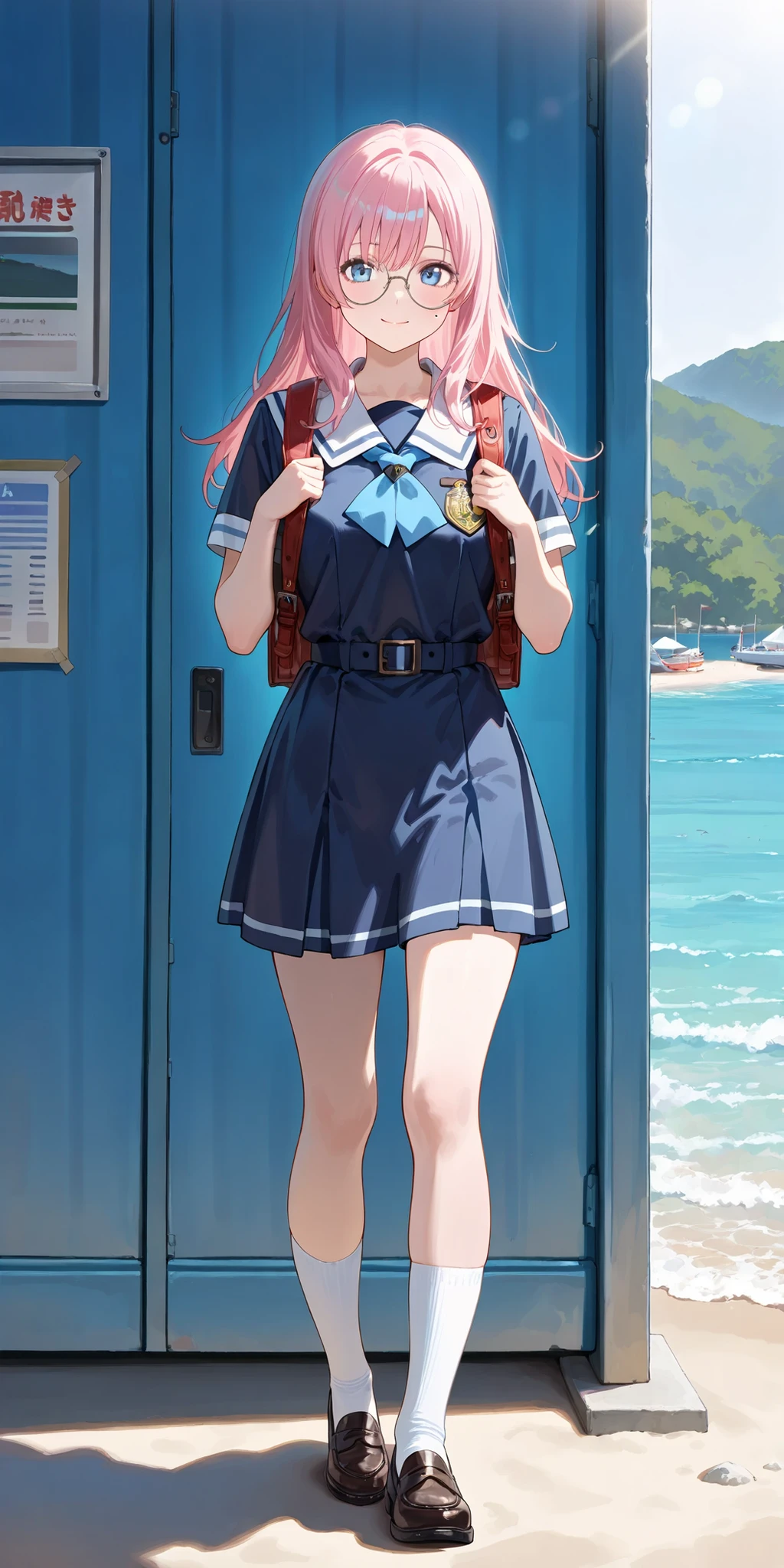 (High CT quality,4k,High resolution,mainpiece:1.2),Very detailed,Realistic:1.37,Best quality,masterpiece, high resolution,on_body, Tyndall effect,photorealistic, Edge lighting, Two-color lighting,(high definition skin:1.2), 8K UHD, DSLR quality, soft lighting, high quality, surround lighting, sincere, de 8K , 4K, 8K, Kawaii student\schoolgirl. She has long straight loose pink hair and a high long vintage bangs, and a gradient at tips of the hair. She has blue eyes and a mole on her cheek. She wears big round glasses. She is dressed in a white\baby blue sailor school uniform with short sleeves of her top and long shorts with belt. She has a marine set of badges with dolphins and anchors. She wears white knee socks and simple school shoes. She smiles and walking around the pier with her a school backpack with key chains hanging on it. Background: sea pier, beach, yachts in the port, sunny day, and other students fishing.