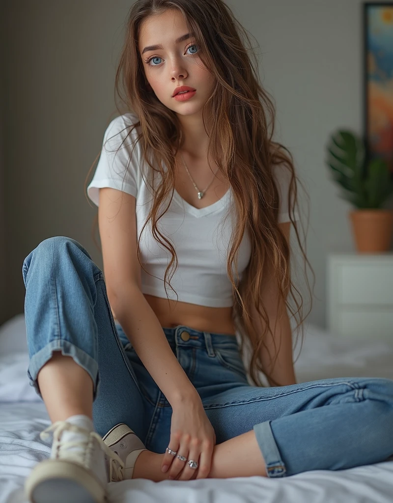 beautiful woman, long brown hair with some pink highlights, bleu eyes, dressed in jeans and white t-shirrt, white adidas dress shoes,