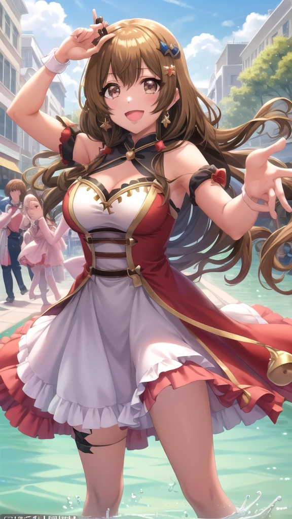 (sexy dance show:1.2),(arm down,skirt tug,wind lift:1.5),symboli rudolf \(umamusume\),good anatomy, masterpiece, best quality,realistic, hyperrealistic, 16k hdr,(red blush,smile:1.2),(Live Stage:1.3),(see through costume:1.2),Stage costumes,Horse tail,ultra miniskirt,navel,micro panties,show off clearvage,erected nipples,sweat,large breasts,upper body,strong wing