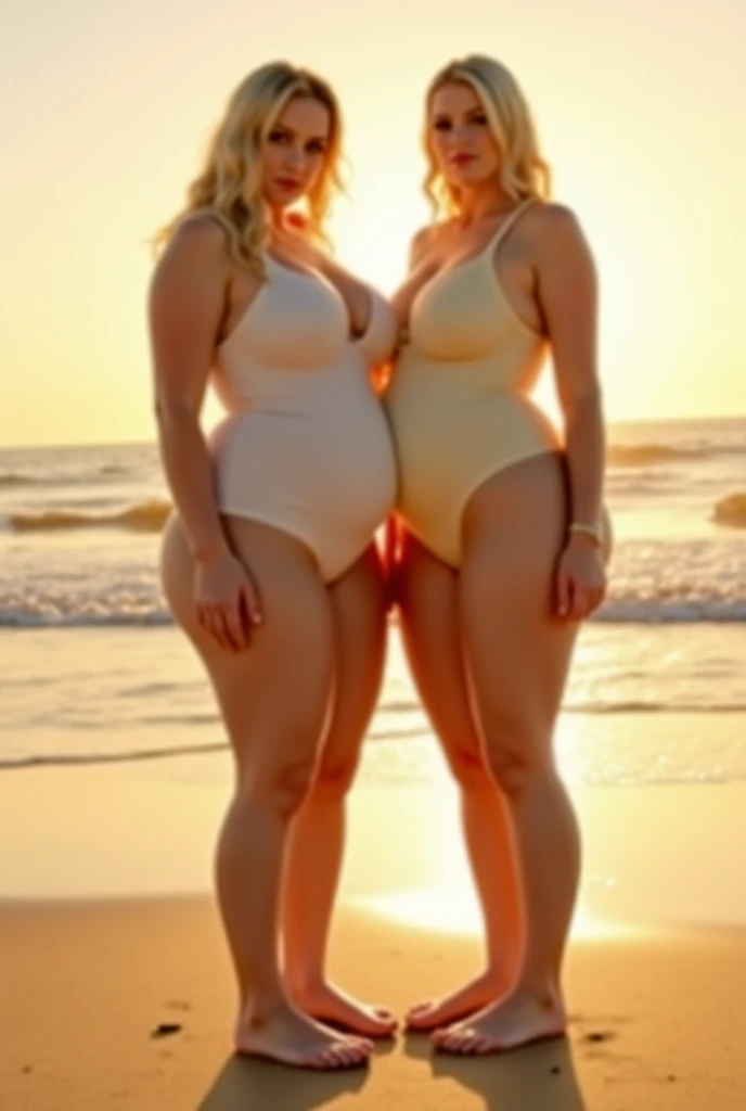 Two plus size model women are obese and fat, 200kg, with a lot of fat on their stomachs and buttocks, they have gained weight by eating too much, they are obese blonde haired plus size models with very big bellies, their bellies are bulging and covered with a lot of fat, they are American sumo wrestlers wearing colorful bikini swimwear, smacking each other's buttocks on the sandy beach, 4K quality