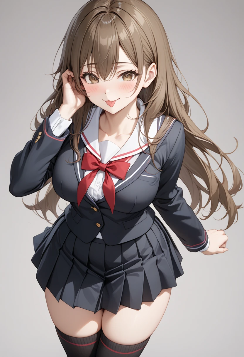 highest quality, (masterpiece:1.2), High resolution, perfect pixel, One so beautiful woman is standing, , (((big very detailed beautiful dark brown eyes))), ((girly large wine-red glossy polyester Japanese school ribbon bow tie)), ((((very beautiful straight long hair)))), ((((dark blue & deep navy colored tartan checkered formal skirt)))), ((A formal dark blue blazer that is slightly larger and has a gold emblem on the left chest that feels like the texture of the cloth.)), ((Looking up at the viewer and smiling)), Very fun, Very happy, mouth is open, the skirt is so cute, detailed fingers, modest chest, curled bangs, ((Lip balm)), so beautiful, long eyelashes, ((Skirt and bow tie is photo realistic)), ((Touch your hair with your hands、Showing viewers the beauty of straight hair)), ((very big girly hair ribbons)), ((Impressive and very beautiful eyes)), (((shot from above))), double eyelids, The entire skirt is photographed, ((((upward glance))))