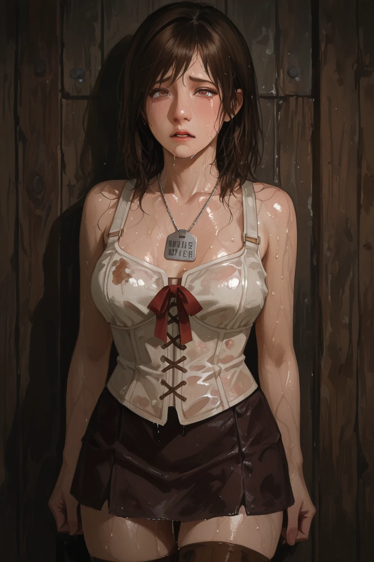 (((NSFW:1.7))),((nude1.9)))(((1 person:2.0))),(((naked:1.2))),(((belt:1.3))),((Wear a metal watch on your wrist:1.2))),(((Showing cleavage))),(((Exposed thin inner thighs))),(((Small breasts:1.5))),(((nakedの腕))),(((Her hair is brown))),((Blushed:1.2)), Beautiful detailed girl, Very detailed目と顔, 緻密でBeautiful Eyes, Very detailed, High resolution, Highest quality, masterpiece, Very detailed, 8k wallpaper, wonderful, finely, Highest quality, The light shines on your face,,(Standing in front of a wooden wall),Beautiful Eyes,((Engage your audience:1.2)),,Above the knee shot,((Are standing:1.2)),((Put your right hand on your chest:1.2))