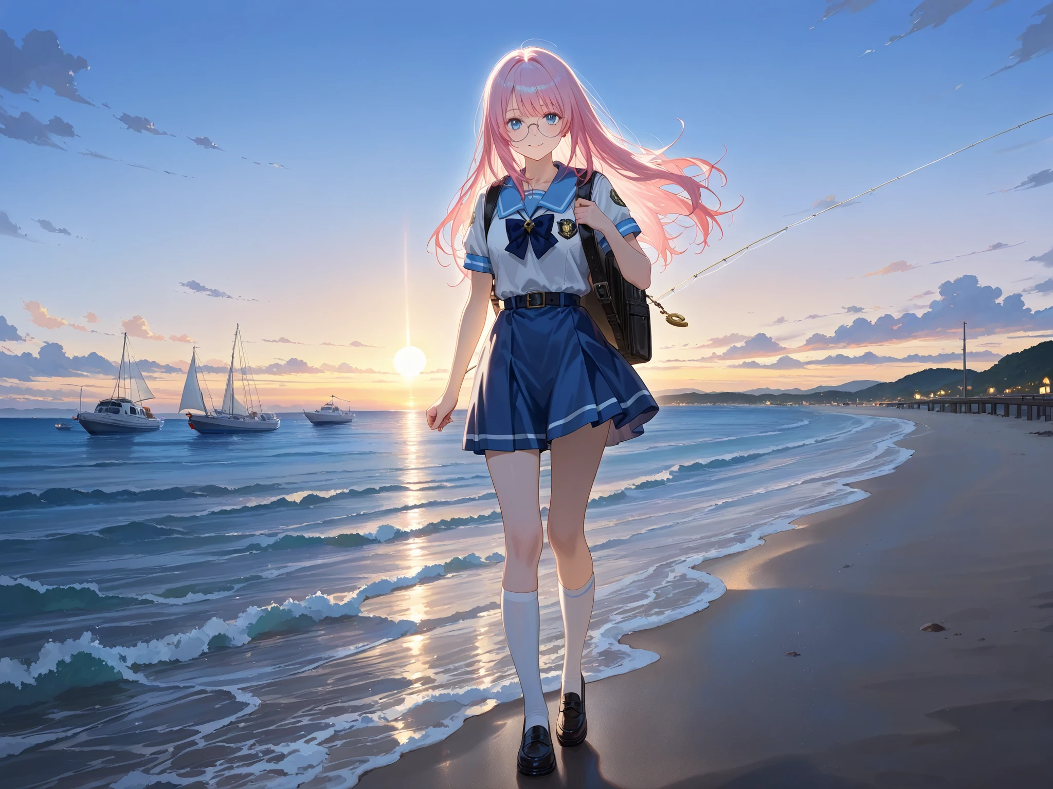 (High CT quality,4k,High resolution,mainpiece:1.2),Very detailed,Realistic:1.37,Best quality,masterpiece, high resolution,on_body, Tyndall effect,photorealistic, Edge lighting, Two-color lighting,(high definition skin:1.2), 8K UHD, DSLR quality, soft lighting, high quality, surround lighting, sincere, de 8K , 4K, 8K, Kawaii student\schoolgirl.  She has long straight loose pink hair and a high long vintage bangs, and a gradient at tips of the hair.  She has blue eyes and a mole on her cheek.  She wears big round glasses.  She is dressed in a white\baby blue  sailor school uniform with short sleeves of her top and long shorts with belt. She has a marine set of badges with dolphins and anchors. She wears white knee socks and simple school shoes. She smiles and walking around the pier with her a school backpack with key chains hanging on it.  Background: sea pier, beach, yachts in the port, sunny day, and other students fishing.