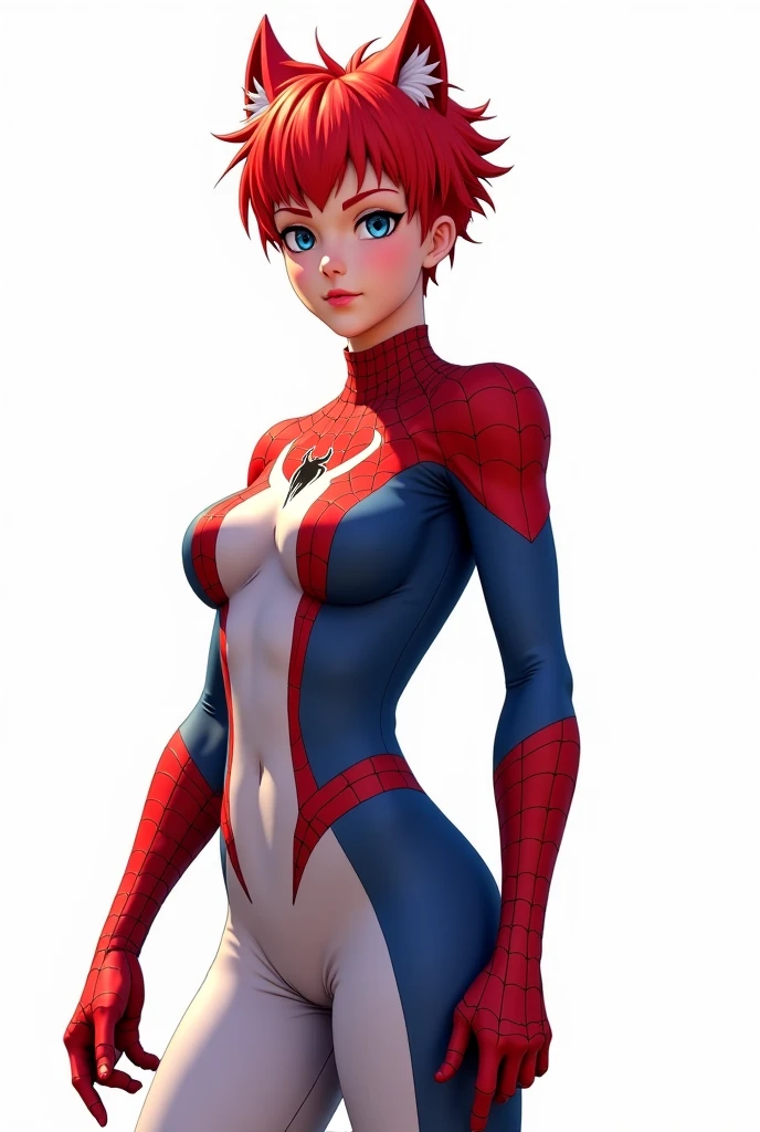 Sexy girl, light orange wavy short hair, round glasses, cute face, small breasts, big booty, thick thighs, wearing tight spiderman costume, realistic, full body, detailed