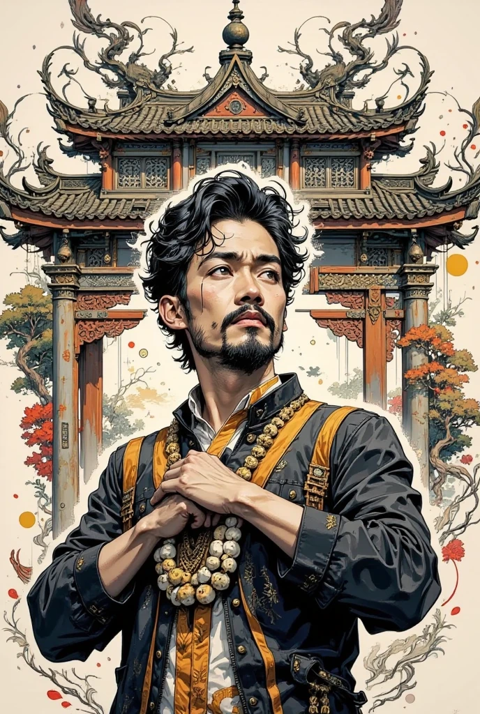 Asian man, against the background of the oriental pavilion, thoughtful look, expressive facial expressions, anatomically correct hands, finely stylized hair, beard, proportional body, interesting dynamic pose, complex composition, the finest detail, restrained colors, lines, spots, splashes of paint, strokes, color perspective, tonal perspective, stylization, linear digital art, surrealism, illustration, ink, watercolor, graphics, abstraction, high detail, lots of small details