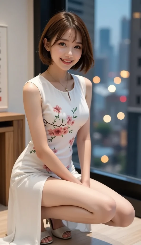 (8k, RAW photo, best quality, masterpiece:1.2), (realistic, photo-realistic:1.4), (extremely detailed 8k wallpaper), Japanese 20 age woman,she is wearing a cheongsam,The background is Chinatown,Her beautiful legs attract attention from all around her.She is embarrassed by the gaze of those around her,she is smiling,she is sitting and resting