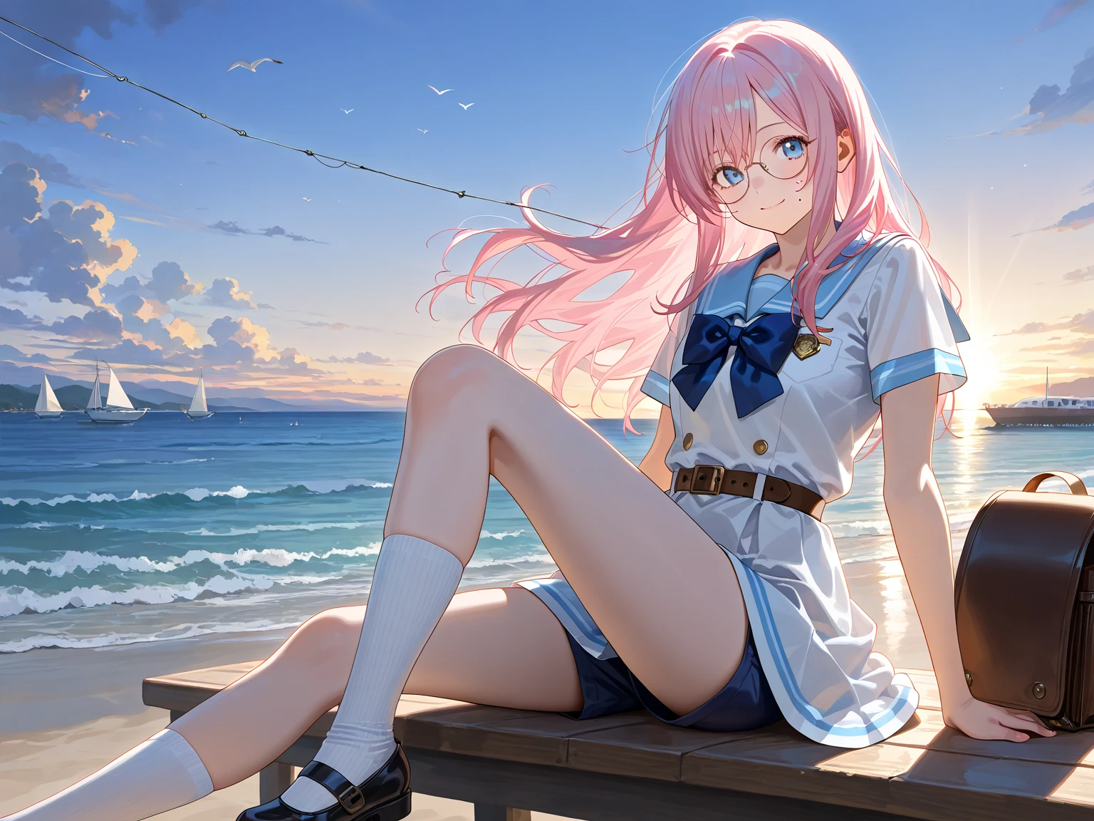 1girls, Single person，(masterpiece:1.1), (Best quality:1.1), (White blouse:1.1), High-waisted skirt, Break [blue:Pink:0.5] theme, (gradient backgrounds :1.1), Cowboy shot, Cinematic light，The Perfect Hand， Break through pink hair, single horse tail, Black military top, Yellow epaulettes，Black pleated skirt，Black boots，Beth，Blue eyes， Slender beautiful legs，Seated position，Mottled sunlight，seaside backgroud
