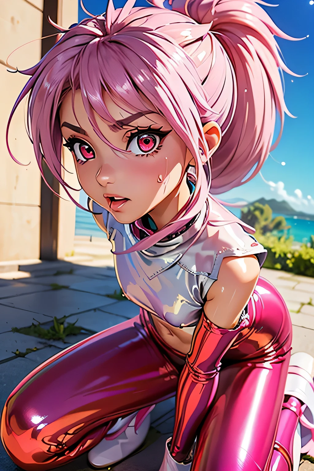 perfect anatomy　Top Quality,highest resolution from vagina,(((metallic shiny latex white clothes　pink loose-fitting pants with metallic luster　shiny pink hair　ponytail　red eyes　girl　sweat)))　Tales of Phantasia　Arche 