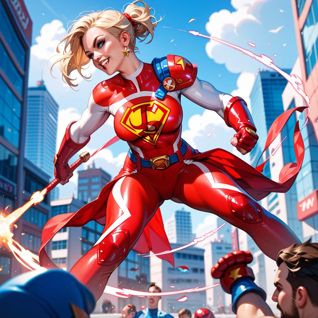 Supergirl flying in the city... smooth curves, blond hair, perfect costume