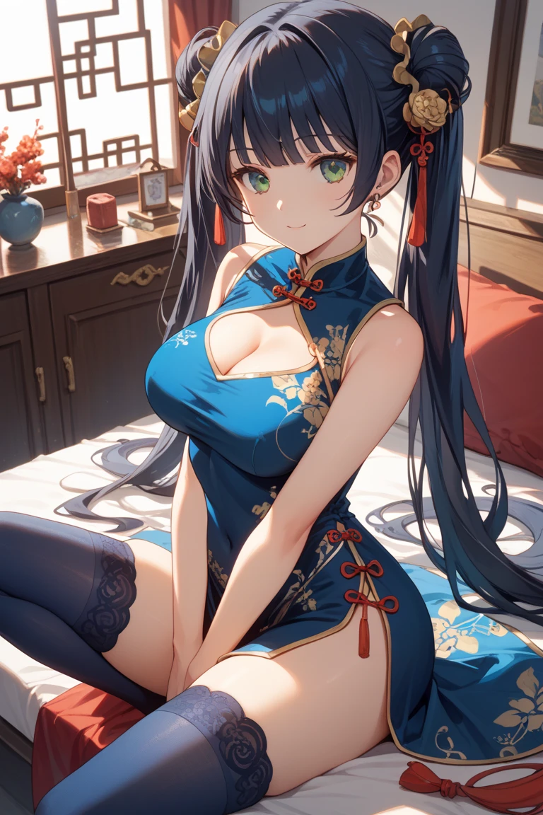 (Realistic:1.3), (photoRealistic:1.2), (highest quality:1.1), (Detailed skin:1.3), (Intricate details), One woman, 19 years old, Detailed skin texture, (blush:0.5), Scattered beneath the surface, smile, Black Hair, Straight Hair, medium Long Hair, bangs, Hair between the eyes, Reduce hair volume, Sparkling blue eyes, Lens Eye, Light reflection in the eyes, Symmetrical eyes, highlight on eyes, eyelashes, looking at the camera, (Depict from thighs to head) , hair ornaments, Close-fitting clothing, Wearing China dress, Side slits, (China dress), Floral prints, A woman has two legs, Two arms, Five fingers, Two joints in the fingers, barefoot, (((In the study))), ((vagina)), (Functional), ((finger in vagina)), Spread her legs very wide, open her vagina by her fingers, (white g-string panty), Separate panties and clothes, ((let the hem of the dress to the side)), both hands position is her pussy, do not touch the face, The front and back of the skirt are the same length