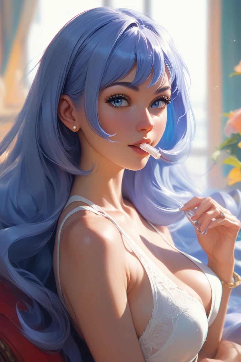 perfection、(sauce_game, Flora from Dragon Quest 5, Light blue hair,Reddish brown eyes, Long Hair,, Large Breasts)、Cool look、Professional illustrations、Cinematic lighting、Light and shadow。Detailed face、Detailed eyes。Extremely detailed depiction、(White and pink one-shoulder dress、pink ribbon on the head,、Earrings、Silver Necklace、Silver bracelet)、sexy、Browsing Caution、Cowboy Shot、Best Angle、(on the train、Sleeping in a train seat。Eyes closed)、The background is night