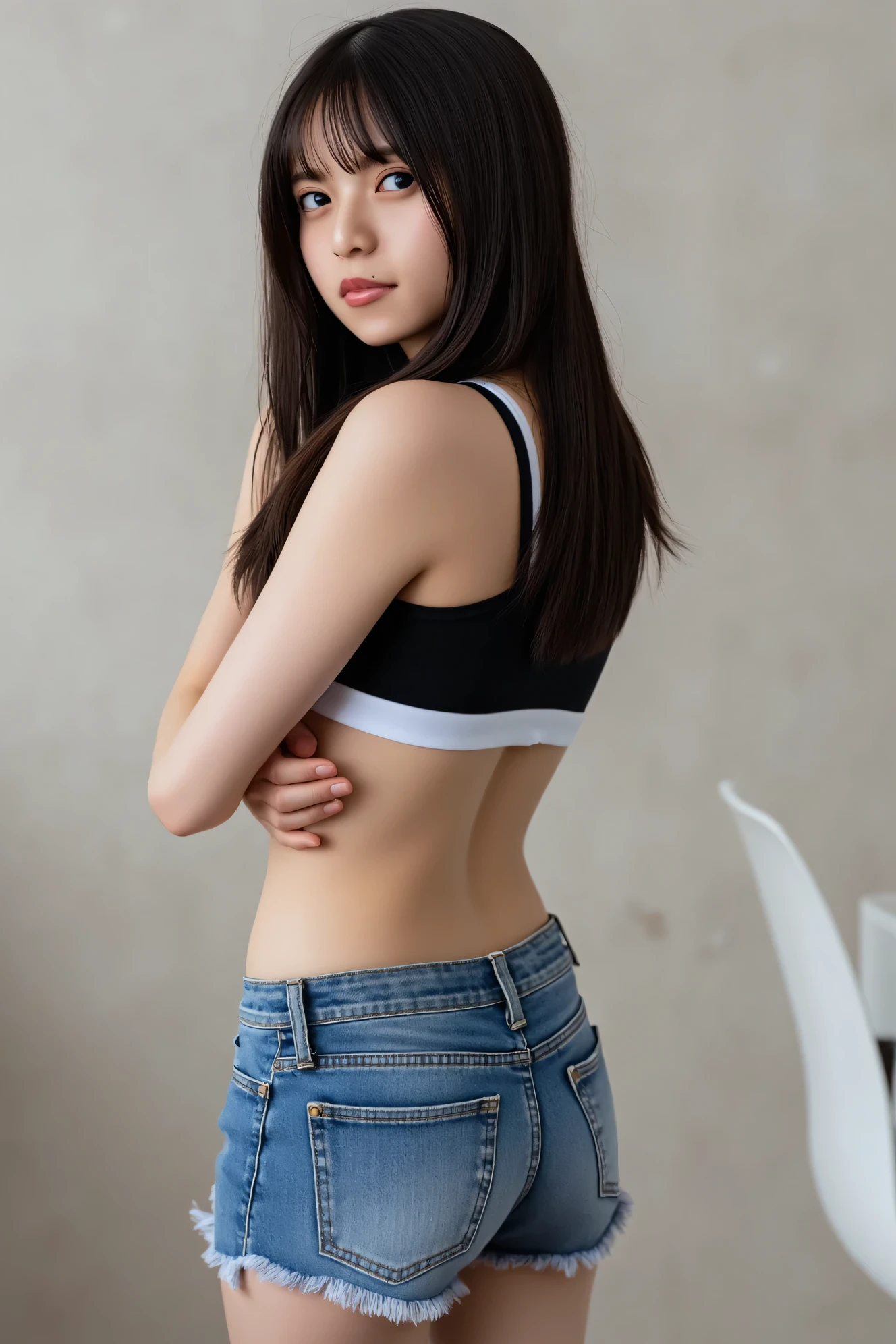 ((( High Resolution , top quality, very well detailed, masterpiece , highly detailed photos , realistic , Real people , Ultra precise skin ))) , , ( from the side ) , full body , Advance Shot , Viewer , ( cool face ) , { wearing the sports bra at upper body and short-denim at lower body : 1.8 } , black hair , medium hair , medium breasts , { open legs ,squatting, : 1.8 } , the dark hours of dawn , (( tuck hair behind the ear : 1.8)) , { nsfw },