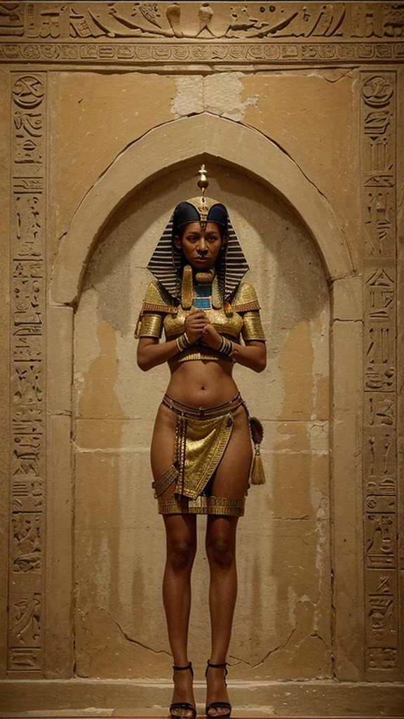 A painting showing the judgment hall of ancient Egypt. Anubis holds a scale holding the heart and feather. There a serious and respectful atmosphere in the picture. Gold, brown and white colors dominate the picture. In the background of the picture, statues of other gods and goddesses such as Osiris, , Horus, Thoth and Ma'at are seen. On the left side of the picture the mummified body of the judged dead. On the right side of the picture, the soul of the dead awaits the outcome of the trial. At the bottom of the painting, a monster called Ammit ready to devour the soul of the dead. The painting reflects the ancient Egyptian belief in life after death and its moral values.