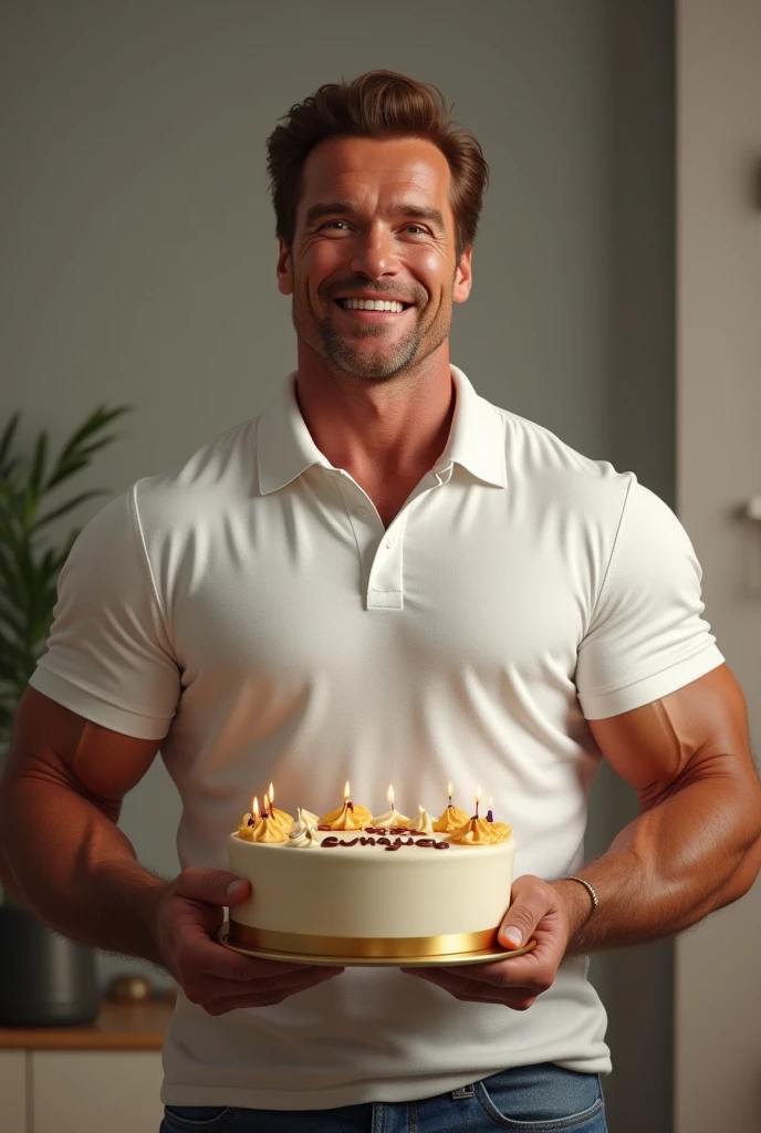 Muscular man top model blowing out the candles of a very large birthday cake