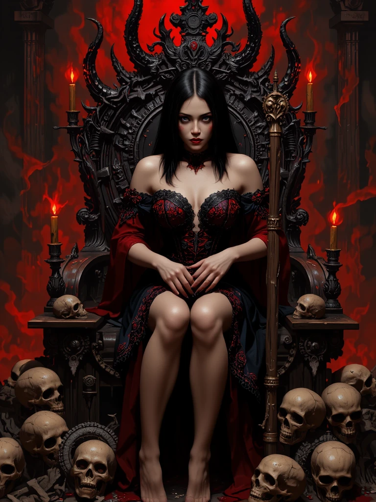 succubus, sexual female demon, SITTING ON THRONE, slight evil smile, queen of underworld, woman with snakes, skulls on the ground, floating smoke demons, man in chains, slight evil smile, snake hair, brothel with many sexy women