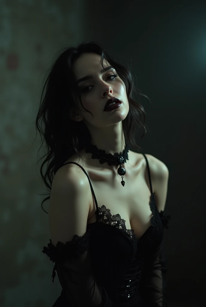 (photorealism:1.2), beautiful goth belly button pierced. Nose ring. Black hair. Naked body. Nipples out. vagina.