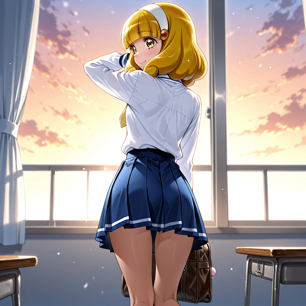 masterpiece, best quality, dark skin, short hair, yellow eyes, black hair, beautiful girl, thin, full body, tall girl, ((cute white long sailor uniform)), ((kawaii)), plan boobs, short boobs, small boobs, ((short chest)), ((big butt)), ((wide thigh)), front view, playing electric guitar and singing, school