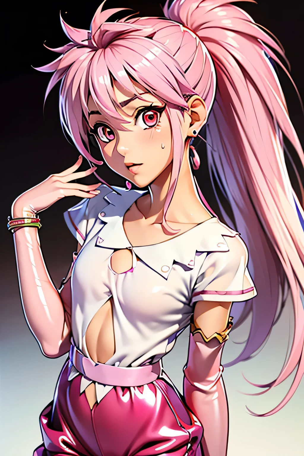 perfect anatomy Top Quality,highest resolution from vagina,(((white clothes with metallic luster pink loose-fitting pants with metallic luster shiny pink hair ponytail red eyes girl sweat))) Tales of Phantasia Arche