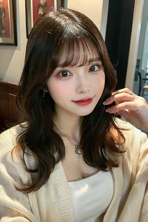 best qualtiy，tmasterpiece，超A high resolution，（realisticlying：1.4），
1girll long curly hair，Rich in detail， shoulder，cleavage，Knitwear， Deep shading， messy room， sit pose， Sitting on an object yoona snsd
