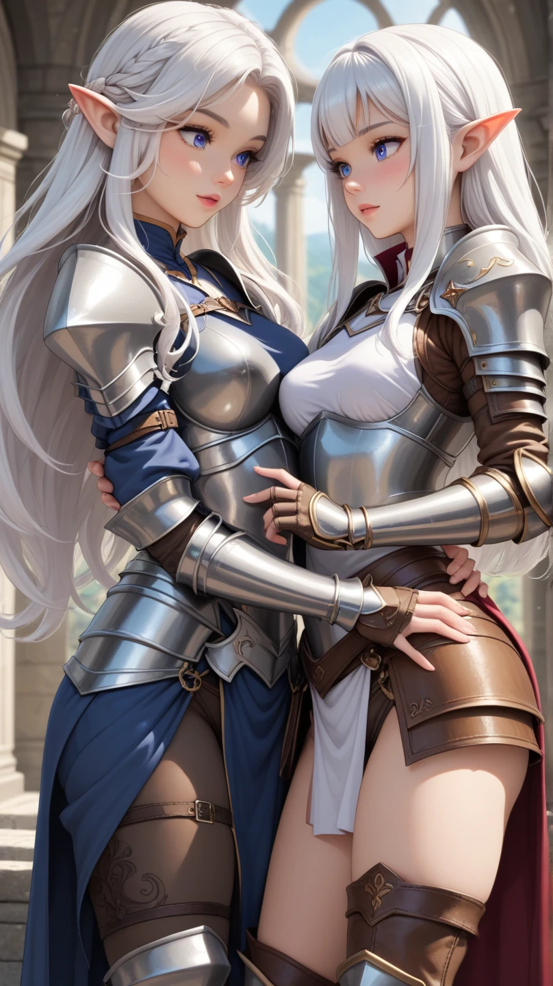 Very detailed、Highest quality、Best image quality、masterpiece、8k、(Two women hugging each other side by side:1.5)、(shoulder-length blonde hair:1.5、Medium Long Hair)、(smile、Open Mouth) 、(Hilarious)、(Big eyes)、(Beautiful and shining eyes)、(Detailed anime eyes)、(Puffy eyes)、(Big Breasts:1.8、necklace)、((SFW Huge Body:1.3))、(knight armor、Wearing white bikini armor:1.5、White high leg leotard、Arm Armor、Leg armor:1.5、Put on a helmet:1.5)