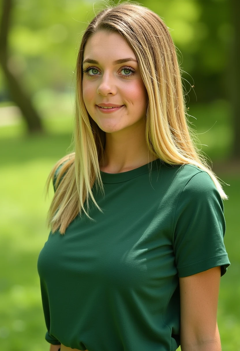Realistic full body photo of a smiling, Young blonde woman with long hair, She dances in front of the camera in a green silk T-shirt and long tight jeans..., Park,glamour fotoshooting, Park, perfect anatomy, perfect blue eyes. Perfect hands with 5 fingers on each hand, Matching girl, looking at the camera, 1 Frau. (Eye make up:1.1), (highly detailed skin:1.1), spirit, analog style, keen focus, 8K UHD, dslr, good quality, Fujifilm XT3, Grain, Award-winning, masterpiece. Park
