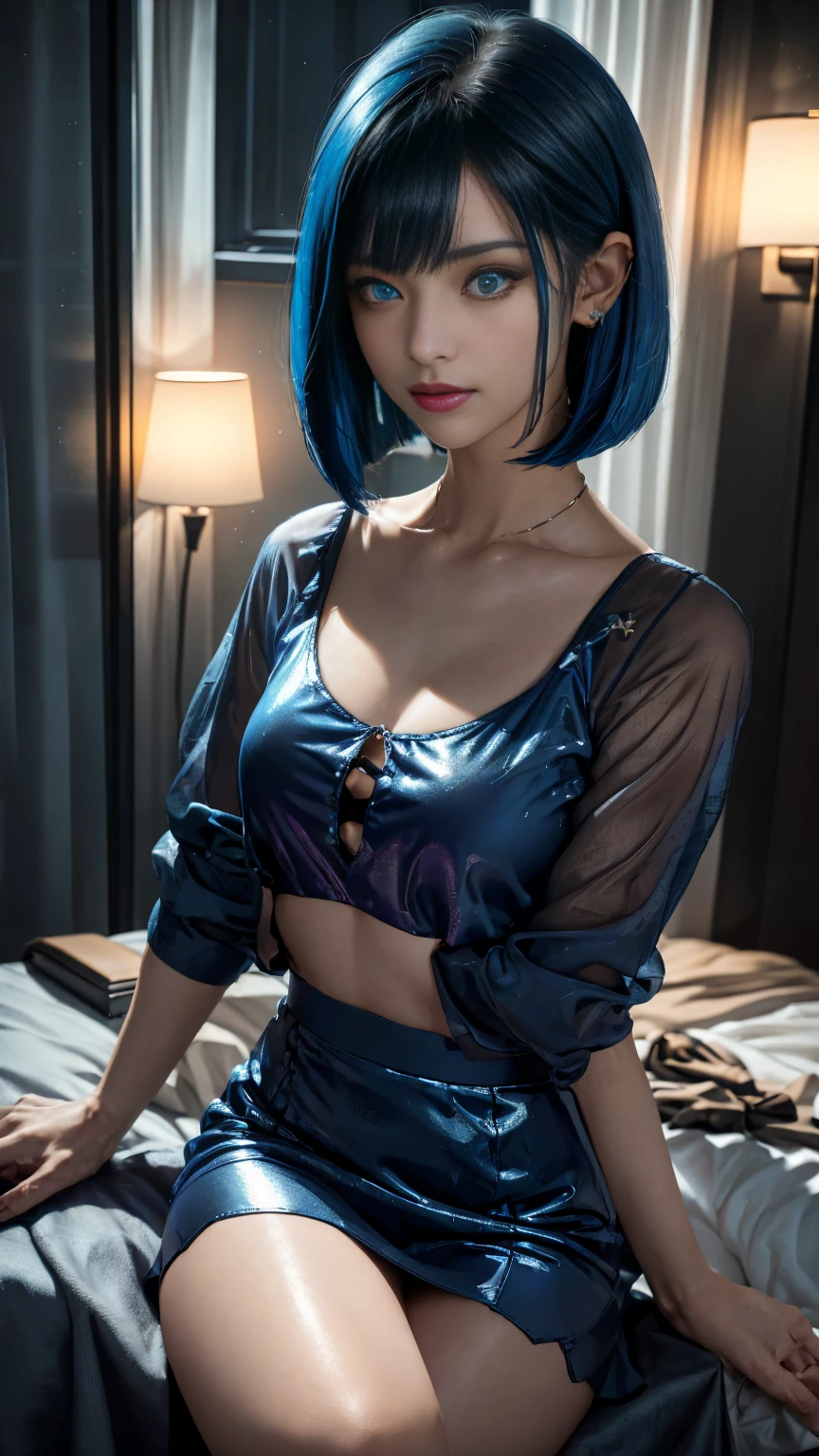xenovia quarta, playboy playmate, very_extremely_large_breasts, yellow eyes, blue hair, short hair, night sky, evening gown with cleavage, necklace