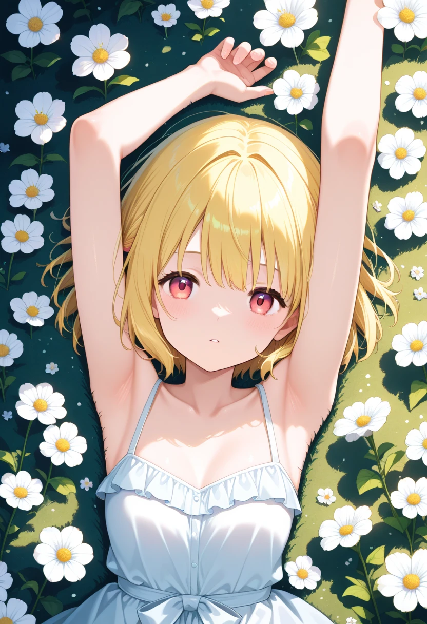 (detailed background), (masterpiece), (4k), (best quality), A tan skinned anime girl, dressed in a cute bikini top and flowy skirt, curled up in a peaceful slumber on a grassy hill, her hand pressed against her stomach in discomfort.