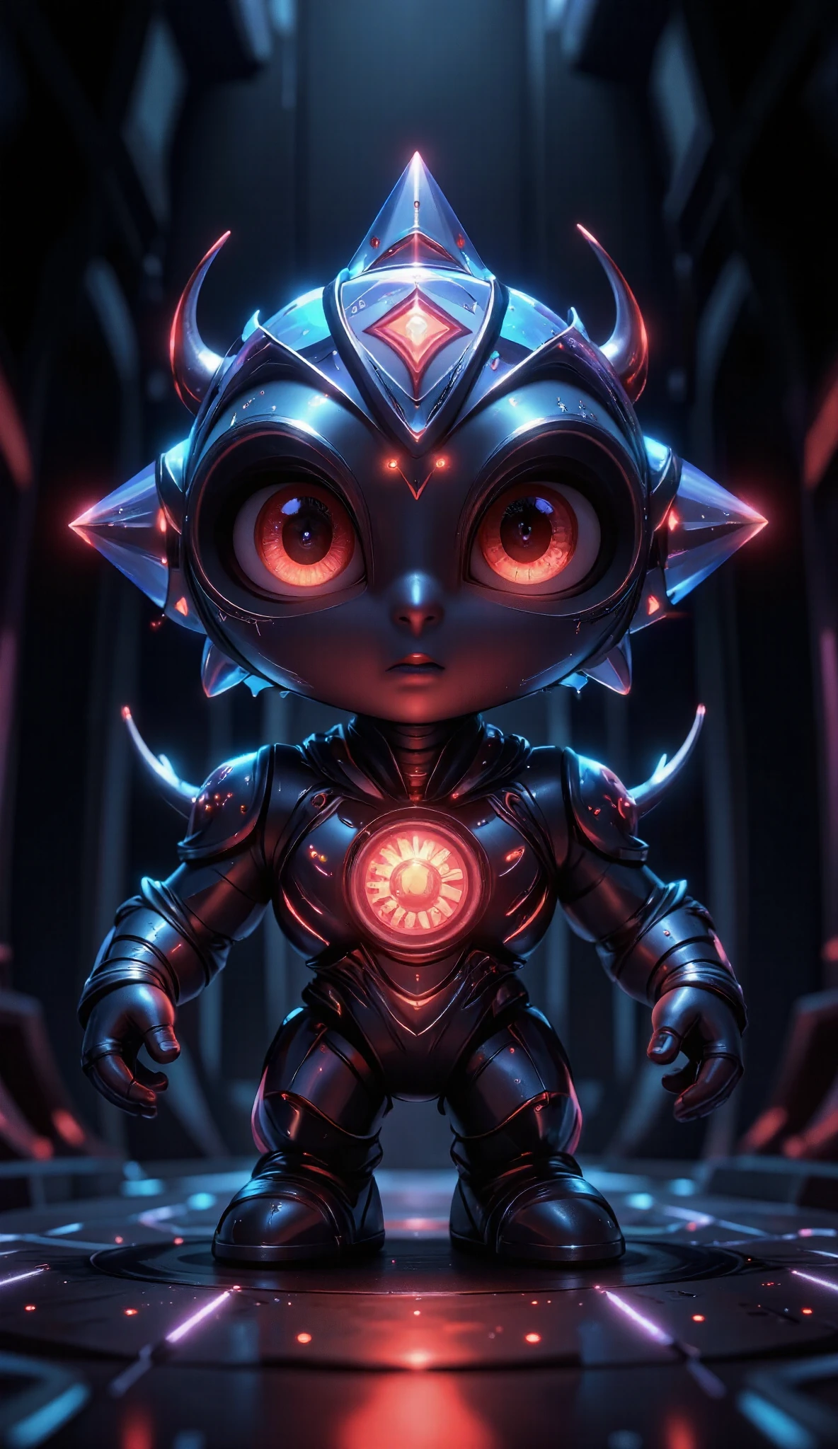 digital mascot called "Tempus" for the technology company Chronova. Main body shaped like a translucent crystalline diamond with facets that reflect light in shades of deep blue (#1D3557). In the center of the diamond, a bright red pulsating core (#E63946). It has a minimalist face with expressive eyes that can display data symbols or simple emotions. Small, articulated limbs that seem to be made of digital light. Some small precise gears visible at strategic points on the body. Its appearance combines digital assistant elements, watch and technological jewel. Minimalist dark background with subtle grid. Estilo: 3D render with dramatic lighting highlighting the facets of the diamond and the internal red glow. Friendly but sophisticated appearance.