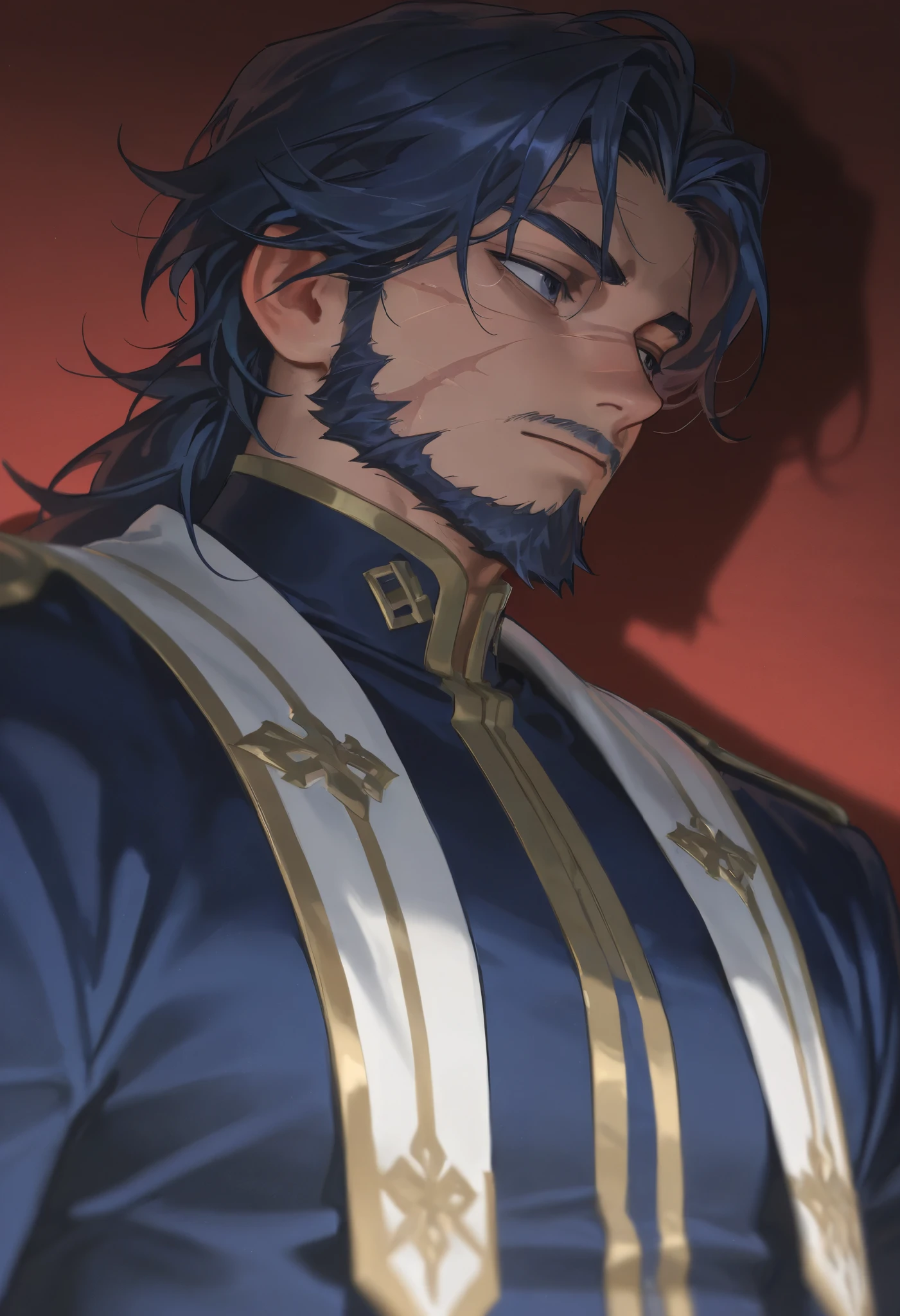Score_9, Score_8_up, Score_7_up, Score_6_up, \(quality\), L0LSPL4SH, year2024, year2023, 1male, mature male, facial hair taller frame, dark blue hair, scars on the face, cruel gaze, wearing a prissioner uniform, L0LSPL4SH,