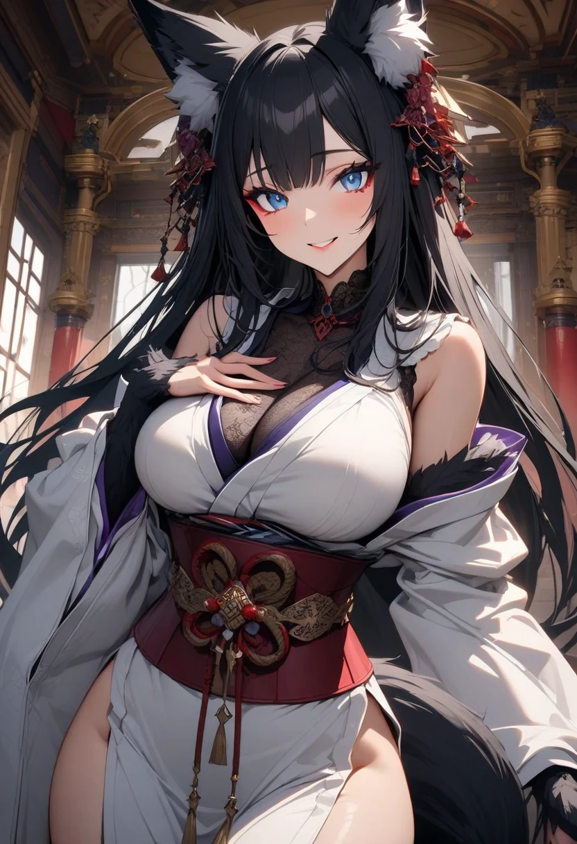 absurdres, RAW photo, extremely delicate and beautiful, masterpiece, Best Quality, ultra high resolution, 32k, hyperrealistic, ultra-detailed, delicate facial features, beautiful detailed woman, tearful mole, earring, medium breasts, full body shot, medium hair, black hair, wavy hair, Onmyoji,