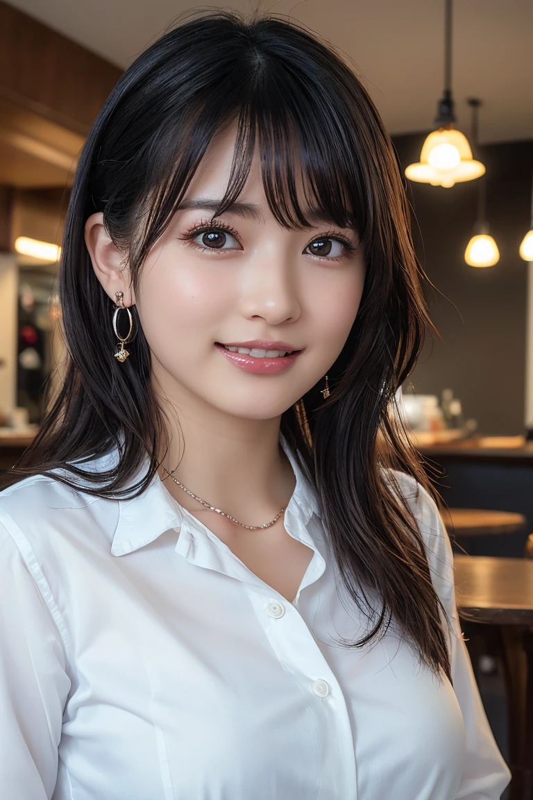 (8k, RAW Photos,Highest quality, High resolution:1.1), (Ultra-realistic:1.4),(Realistic:1.4), Realistic Face,Realistic Body,Realistic Skin,masterpiece,(cute:1.8), cute子たち, Beautiful dark eyes,Innocent eyes,Cinema Lighting,Film Grain,jewelry,Earrings,((Medium Hair:1.1)),Cherry colored lips,Hair Ribbon,ponytail,Audience,Long Hair,,Open your lips,Upper teeth, (Smiling Eyes:0.6),((Grin:1.3)),Blurred Background, Eye focus , Bokeh,young, 85mm lens,young,Portraiture,Photon Mapping,Radio City,Physically Based Rendering,Asian,(Knitted dress:1.3))