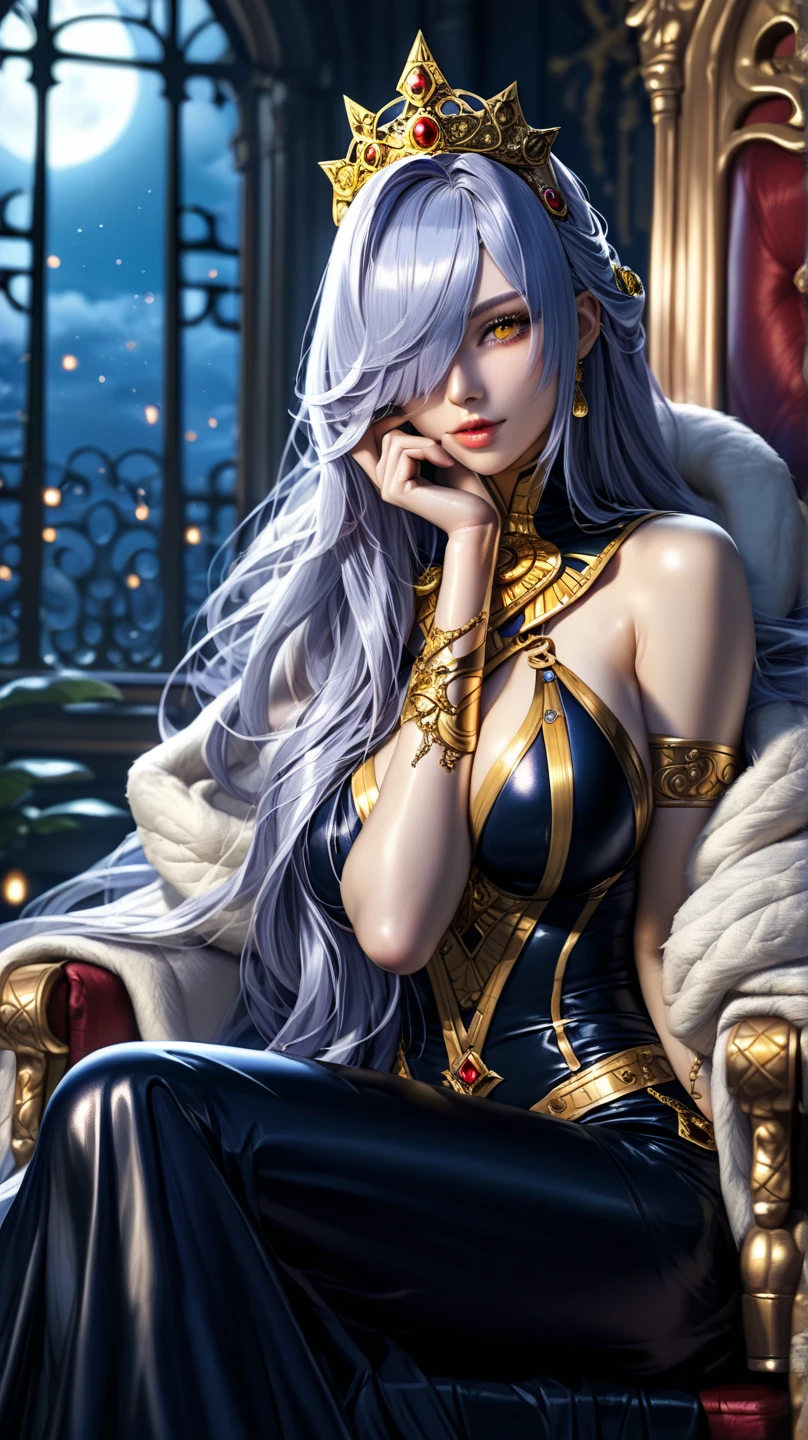 (((((middle-aged women))))), masterpiece, super detailed, 8K portrait, RAW photo, female portrait photography, highly detailed face, ((fantasy)), ((adult)), (((Bewitching Queen))), ((silver tiara)), tight eyes, (((No expression))), ((brown skin)), (((Blue-gray hair))), (((amount))), Place your hands on the armrests, Cross your legs and lean on the throne, (((silver silk long cloak))), (((Gorgeous deep blue long gloveidnight, by the moon, surreal, slender body, In the Devil's Castle Audience Room, moonlight illumination, shadow details , Focus the camera on the thigh, strong wind, light fog