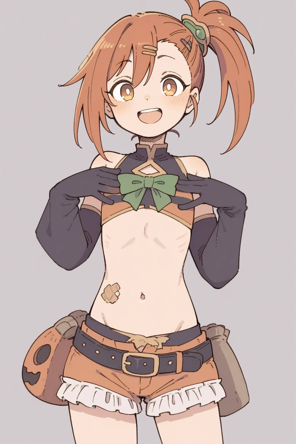 Anime Girls、Six Pack Abs、Orange Hair、short hair、happiness、smile、detailed、Highest quality、masterpiece、Flight Cap、Scarf、hort top、gloves、navel、Muscular