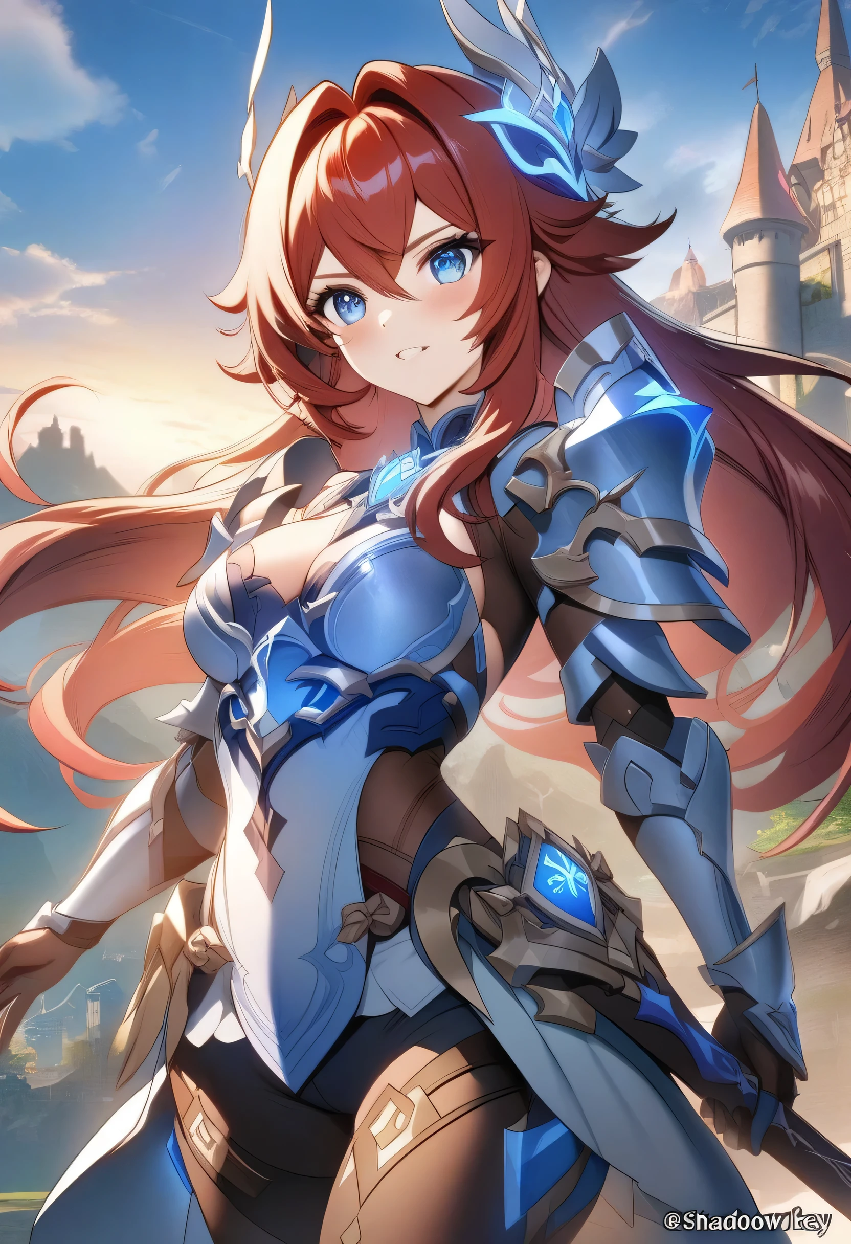 una mujer vestida de azul y rojo sosteniendo una espada, vivi, extremely detailed germen de arte, Orianna, fantasy big blue, cushart krenz arte clave femenino, germen de arte style, mobile legends, retrato, caballeros del zodiaco, , germen de arte. Alto detalle, germen de arte detailed, arte salpicado, chica armadura, a nosotros