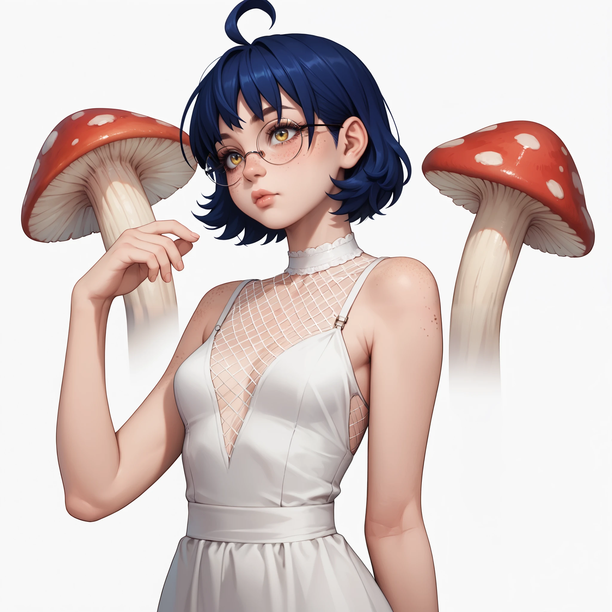 score_9, score_8_up, score_7_up, score_6_up, 1girl, mz, ahoge, short hair, blue hair, yellow eyes, Straight black mushroom cut hair, pale skin with freckles , freckles on cheeks and nose, Bright blue eyes , Wear round glasses, long eyelashes , soft reddish round lips , wide hips , long legs , wearing a sexy dress, with net stockings , erotic and sexy poses , white background,Distant take