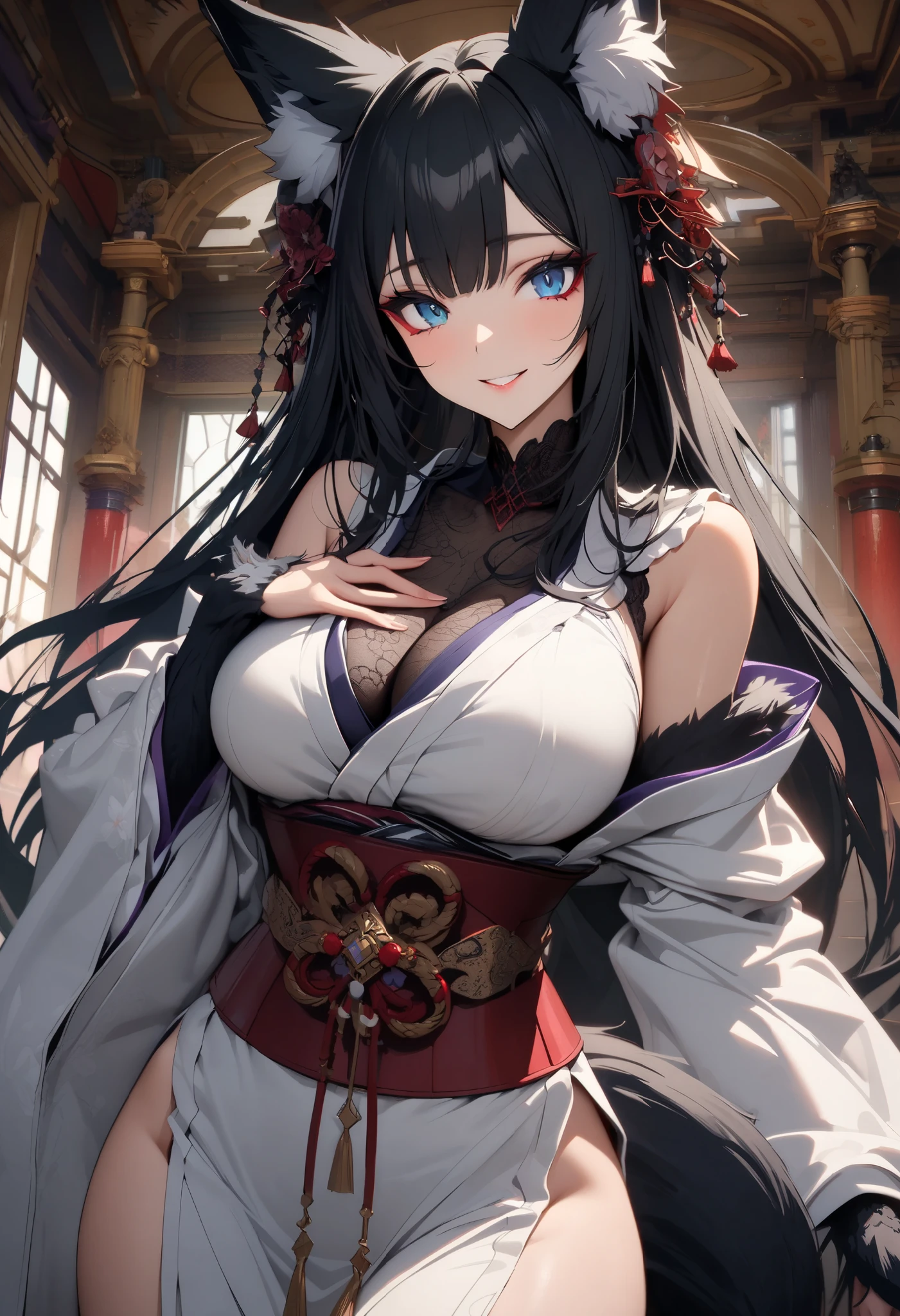 (((masterpiece, best quality))), (((superior quality))), cute girl, ((extremely detailed girl)), ((huge breasts)), fox ear, shrine maiden, (bare shoulders), strapless top