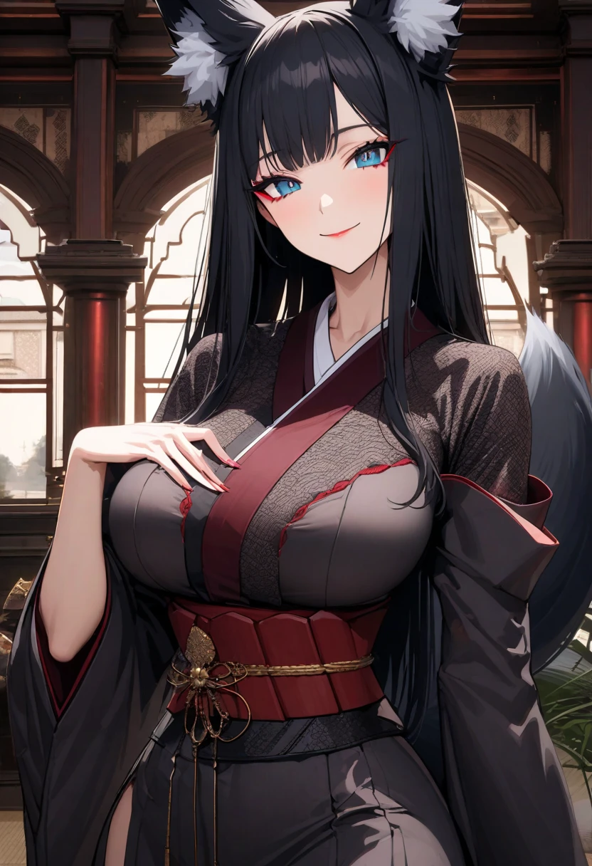 animal ear fluff, Animal ears, Fox ears, fox lady,   A MILF, Moles around the eyes, Fox tail, long-haired black color, tail, Black kimono, Huge breasts pushing up the kimono, Sexy smile, In a Japanese-style room, in night,looking at the spectator, 
BREAK (masutepiece:1.2), Best Quality, High resolution, Unity 8k壁纸, (Illustration:0.8), (Beautiful detailed eyes:1.6), extra detailed face, Perfect Lighting, extremely details CG, (Perfect hands, Perfect Anatomy),Upper body portrait