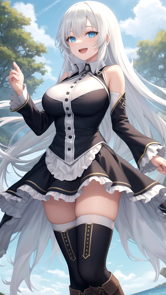 anime girl with long blonde hair and blue eyes in a white dress, high priestess, gorgeous white gown, goddess, white thighhigh boots, blonde anime girl with long hair, anime goddess, seductive anime girl, render of april, ecchi, from the azur lane videogame, water garden, pixiv 3dcg, ahegao, blush, sweat, open mouth, rolling eyes, tears, tongue out, skirt lift by myself, showing panties, nsfw,
