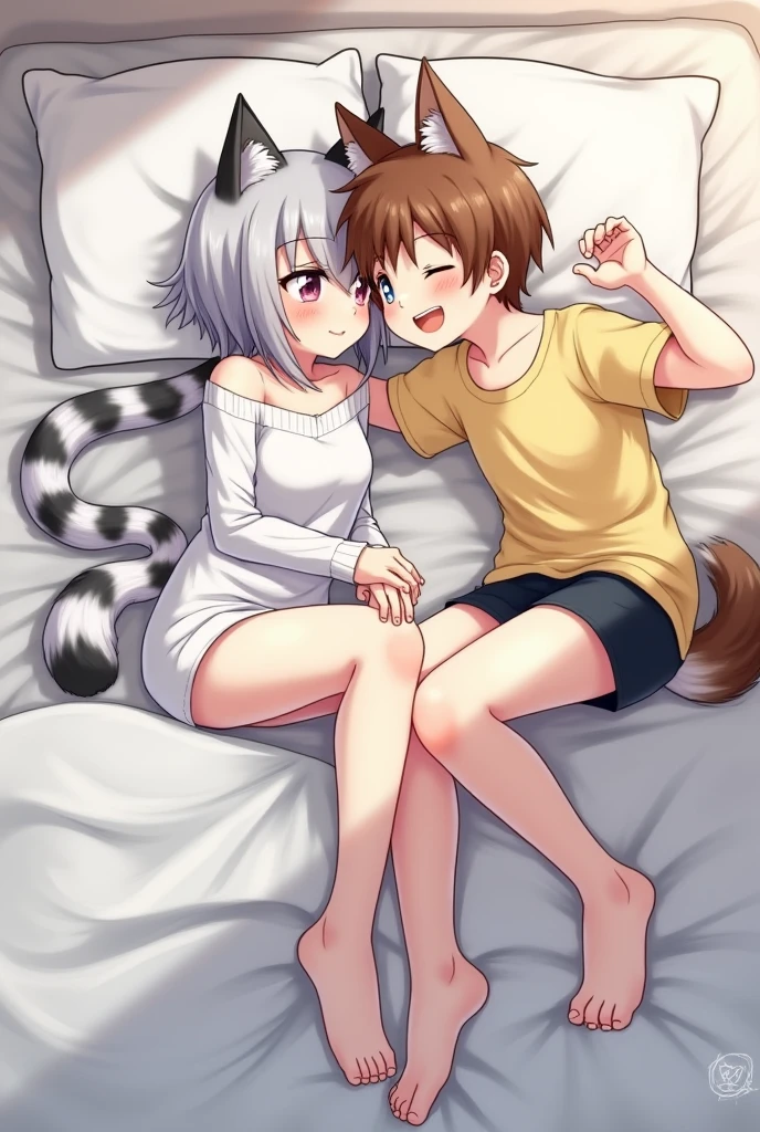 fox earg, fox tails, two Girls, Slump, Stop, bed, hug, white hair, black hair, Feet not shown, Two legs each, fluffy blanket