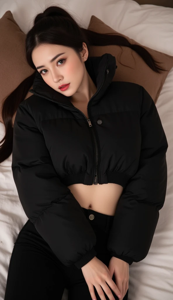 30yo woman wearing red sweater and white panties
long black dark hair slick back and smooth. smiling.
Small thin smile. Looking at camera. POV.
Posing sexy, seductive, erotic.
sofa.
Night time.