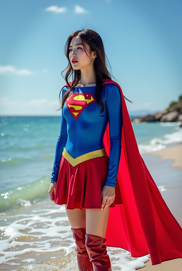 Danielle Panabaker, she's in Supergirl, Uniforme realista, foto de corpo inteiro. fundo desfocado, capa vermelha, she's perfect, seios grandes, pernas firmes e duas. foto de corpo inteiro, 45th sunlight, Your hair is blowing in the wind.