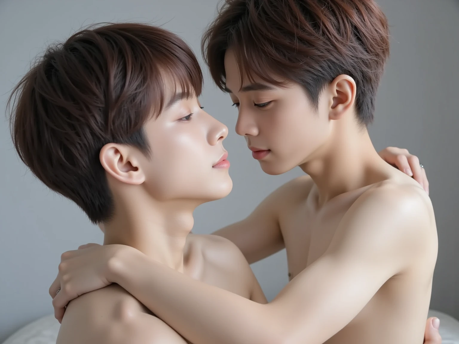 Two beautiful boys hugging each other, entwined, pale, thin, hairless, erotic, sexy