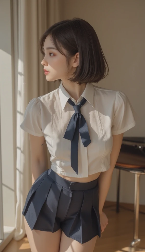 short_ponytailhair, a beautifulchi girl, ((summer school uniform))),(looking_to_the_side),(from_side),White_hose, side style, White shirt, blue striped tie, Short sleeves, dark blue prill skirt, Classroom, Seductive_Smile, Small head, bangs, urban, Small head, Pale pink lips, Happy, mediating_breats, Small hips, Slender body