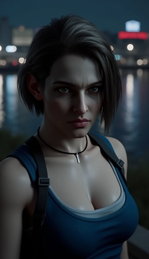 Masterpiece, better quality, high quality, realistic,
Jillvalentine, Jill valentine,Jill valentine \(Resident Evil: Death Island\), a girl, Alone ,  , short hair, blue eyes, brown hair, black hair, neckline, joyería, medium  , upper body, collar, Lips, sleeveless t-shirt, realistic, blue sleeveless t-shirt, Jill valentine, Background of a city at night, very close up 