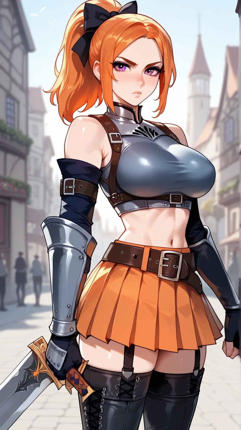 (8k, raw photo, Best Quality, masterpiece:1.2), (realist, photo-realist:1.4), (extremely detailed CG unity 8k wallpaper), a complete body (Rogue:1.1) woman dressed in gold (leather armor:1.3), worn sewn armor, (incredibly detailed:1.5), gold and (white:1.5), Conceptual Art portrait by Greg Rutkowski, artegerm, hyperdetailed, intricately detailed gothic art trending on Artstation, Fantastic, intricate detail, (small blue reflections:1), (redhead, wavy fur, High ponytail: 1.4) huge breasts