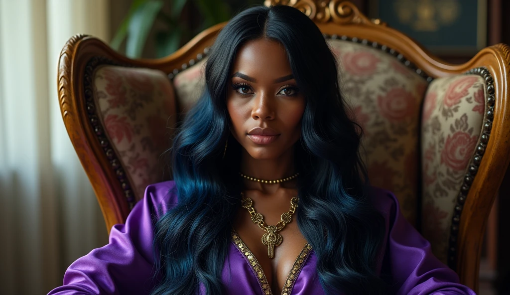 Beautiful biracial latina woman , blue long wavy hair, blue light eyes , lay on the stomach, on the ground, wear blue powder dress, black background , De Côté,